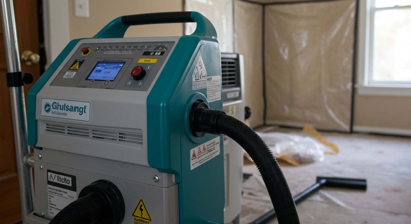 A close-up of advanced mold remediation equipment, such as air scrubbers, dehumidifiers, and HEPA vacuums, being used in a home. The background shows a partially cleared room with visible mold containment barriers.