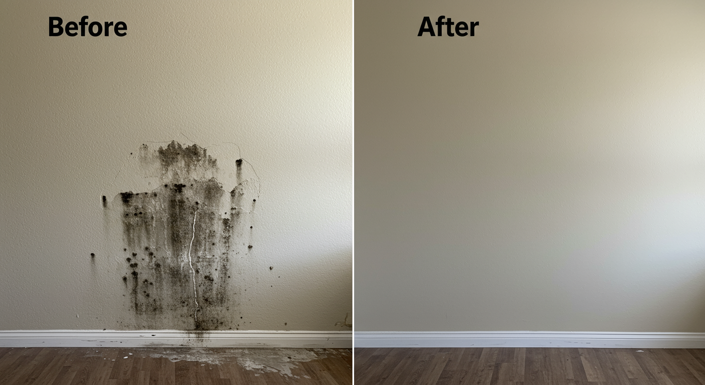 A side-by-side comparison of a mold-infested wall before remediation and the same wall after professional cleaning and restoration.