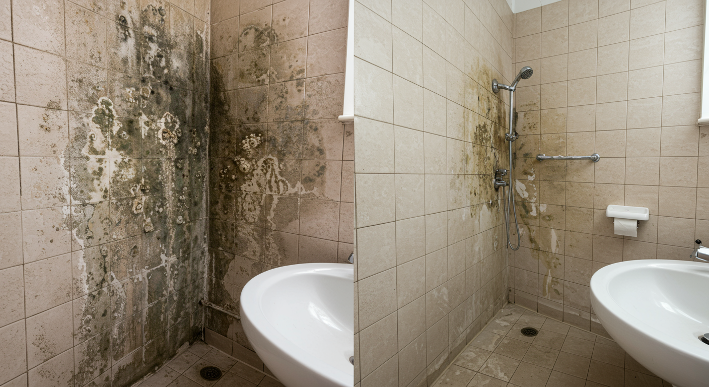 A split-screen image showing a mold-infested bathroom wall on the left and the same wall completely cleaned and restored on the right. The transformation highlights the effectiveness of professional mold remediation services.