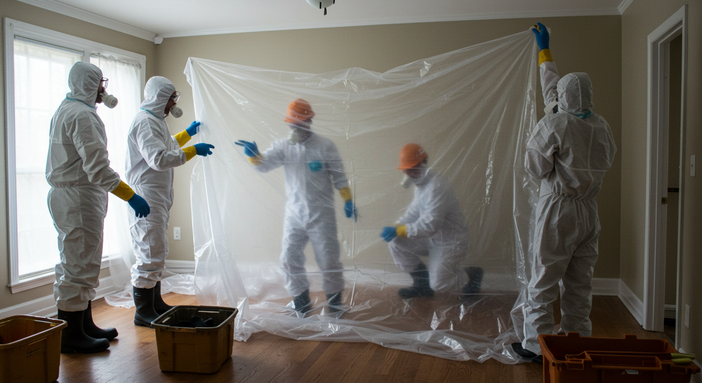 A team of professionals setting up a containment area with plastic sheeting and sealing off a room to prevent mold spores from spreading. The workers are wearing full protective gear.