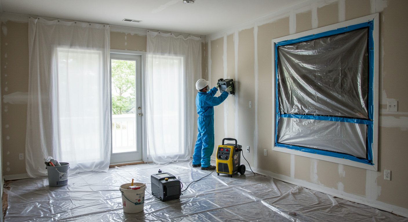 A sealed-off area with plastic sheeting and negative air machines in operation. A technician is seen carefully removing mold-infested drywall.