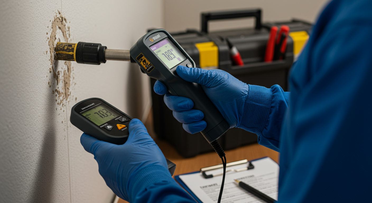 A close-up of a mold specialist using a moisture meter or infrared camera to inspect a wall for hidden mold.