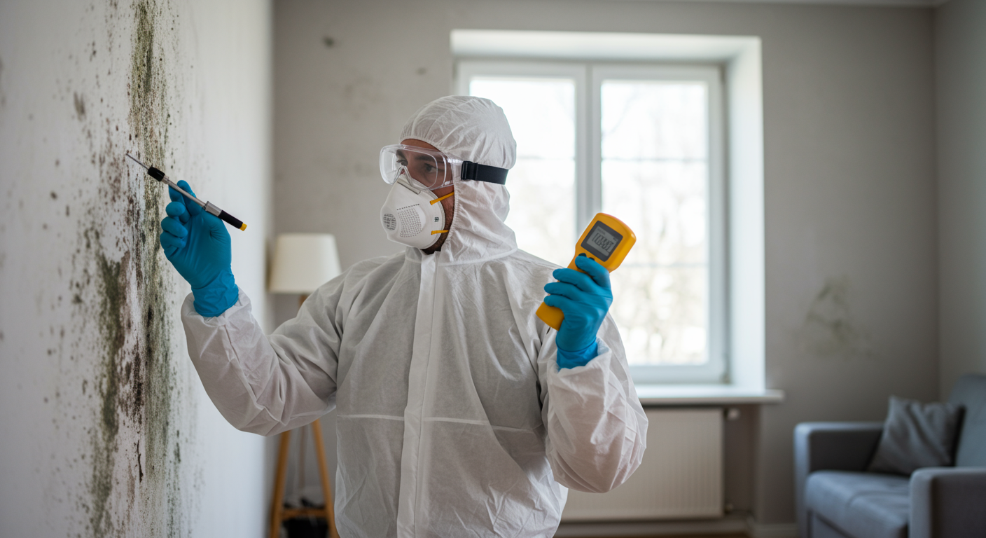 A professional mold inspector in full protective gear using a moisture meter to inspect a wall with visible mold patches.
