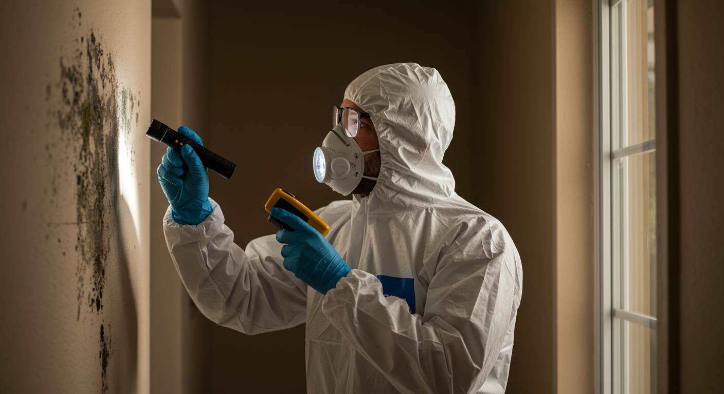 A professional mold inspector wearing protective gear using a flashlight and moisture meter to examine a wall with visible mold patches.