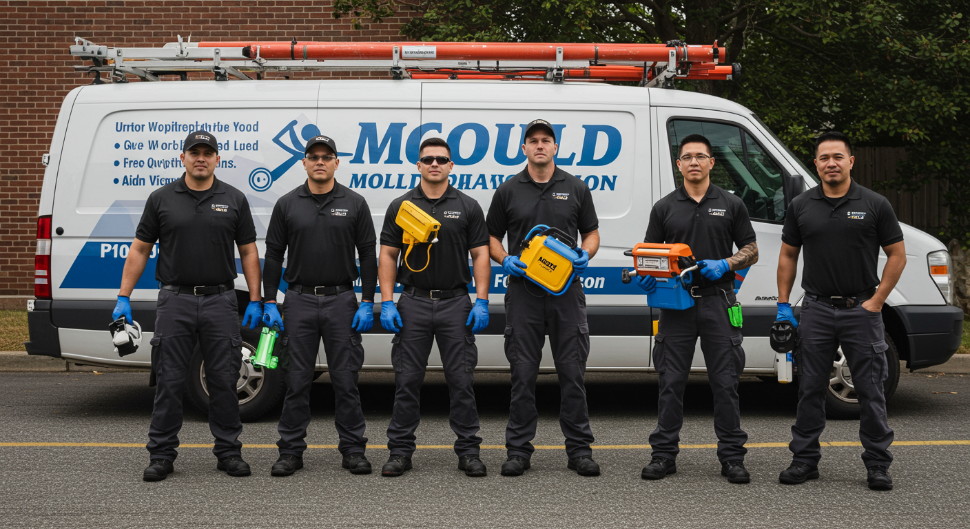 A group of professional technicians in branded uniforms standing in front of a van with the company logo, holding tools and equipment used for mold remediation.