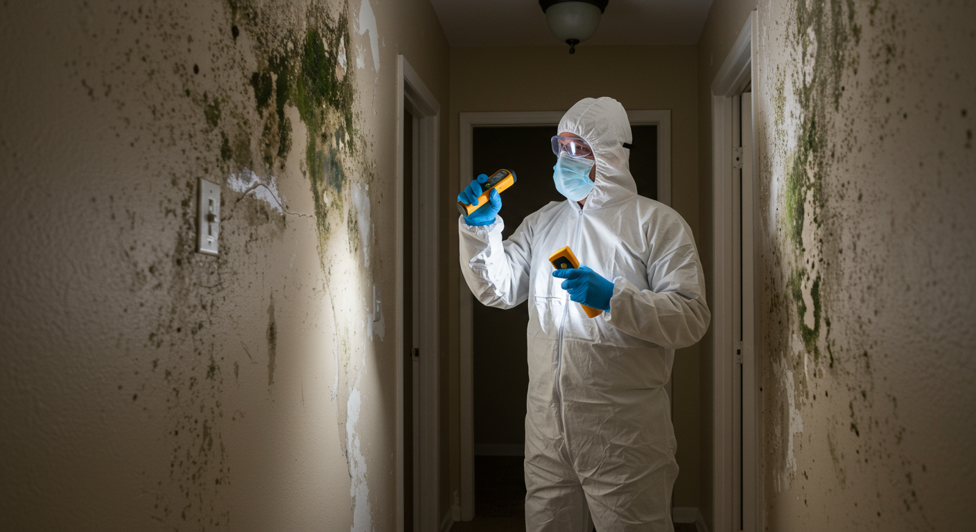 A professional mold remediation expert inspecting a wall with visible mold patches in a Perris, CA home.