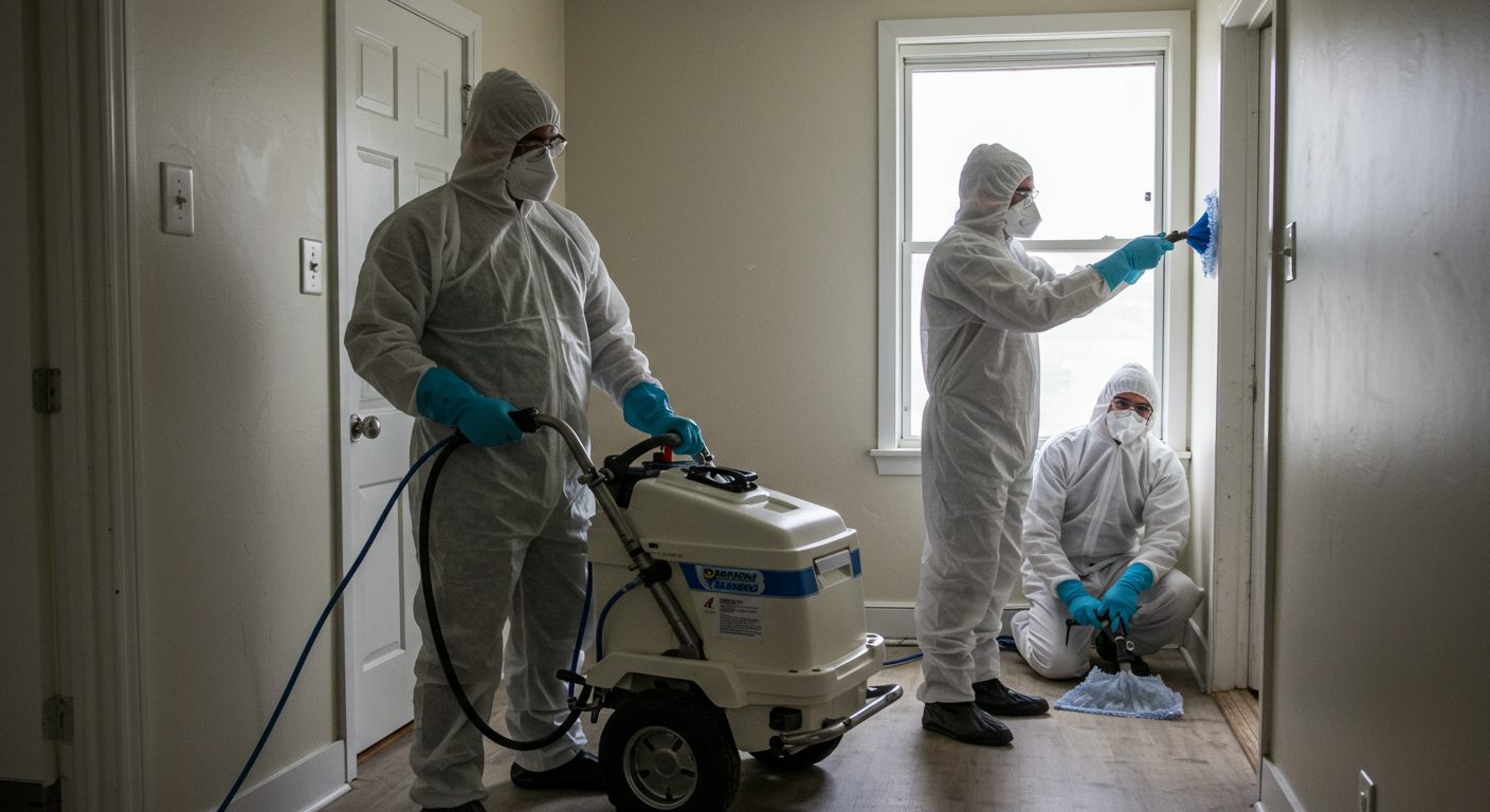 A team of mold remediation professionals in protective gear using specialized equipment to clean and treat a mold-affected area. The image showcases the professionalism and thoroughness of the process.