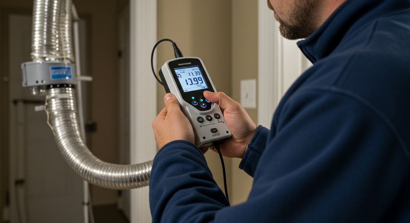 A technician using an air quality monitor in a home, emphasizing the importance of air quality after mold remediation. The technician is focused and diligent in their work.