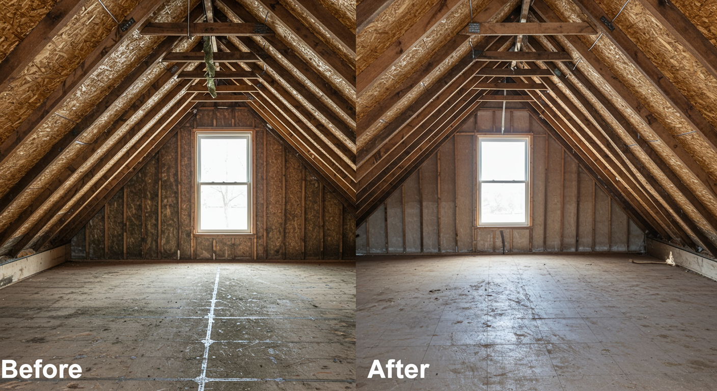 An attic before and after mold removal, showing a stark contrast between the mold-infested area and the clean, treated space. The image emphasizes the effectiveness of mold remediation.