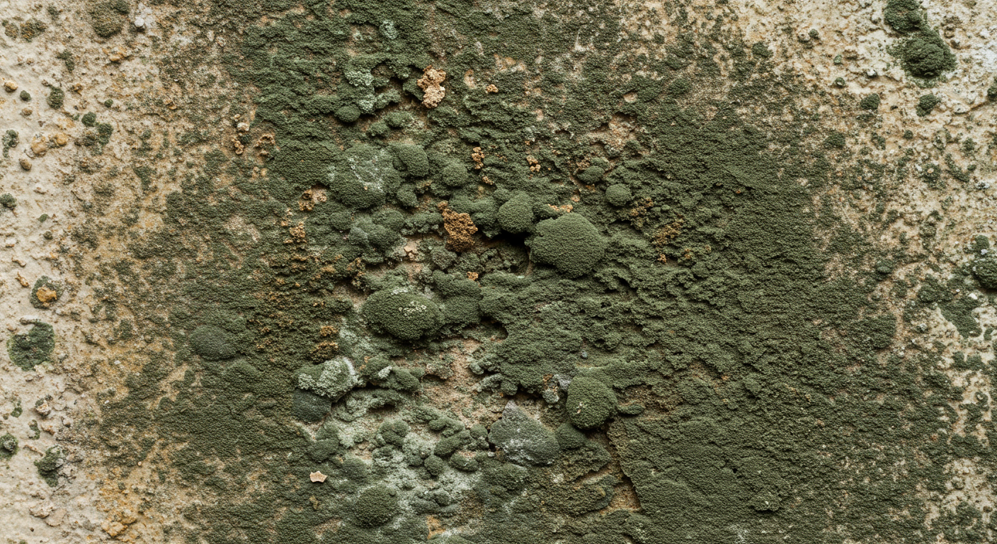 A detailed close-up shot of mold growing on a damp wall, showcasing the texture and color variations of the mold. The image captures the severity of mold infestation.