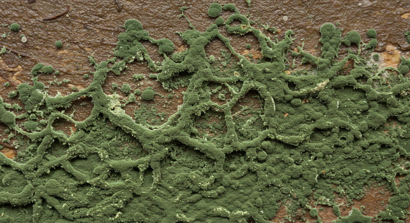 A close-up of green mold growing on a damp surface, highlighting the texture and color of the mold. The image captures the severity of mold growth.