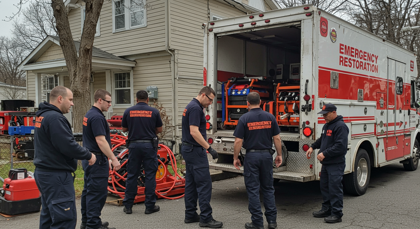 A group of emergency restoration professionals in branded uniforms preparing equipment in a truck outside a home. The image conveys teamwork and readiness to respond to emergencies.