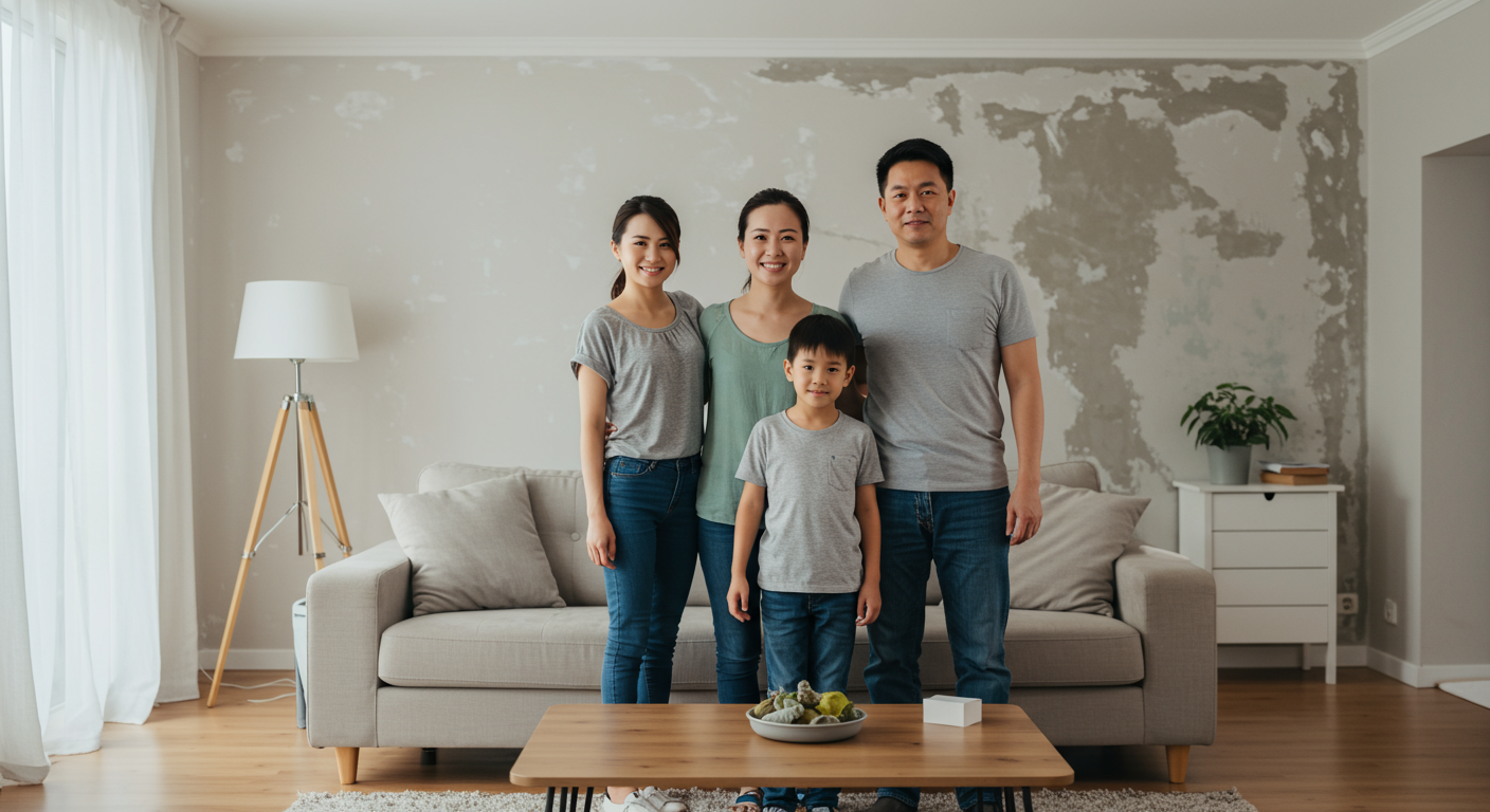 A family happily standing in their restored living room after mold removal, showcasing the positive outcome of professional services.