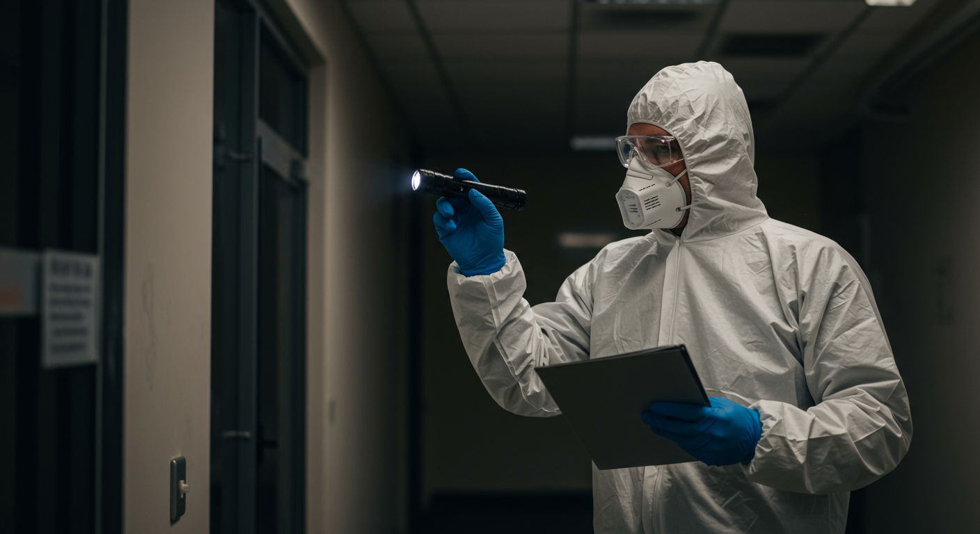 A professional mold inspector wearing protective gear, examining a commercial property with a flashlight. The image conveys the importance of professional inspections in identifying mold issues.