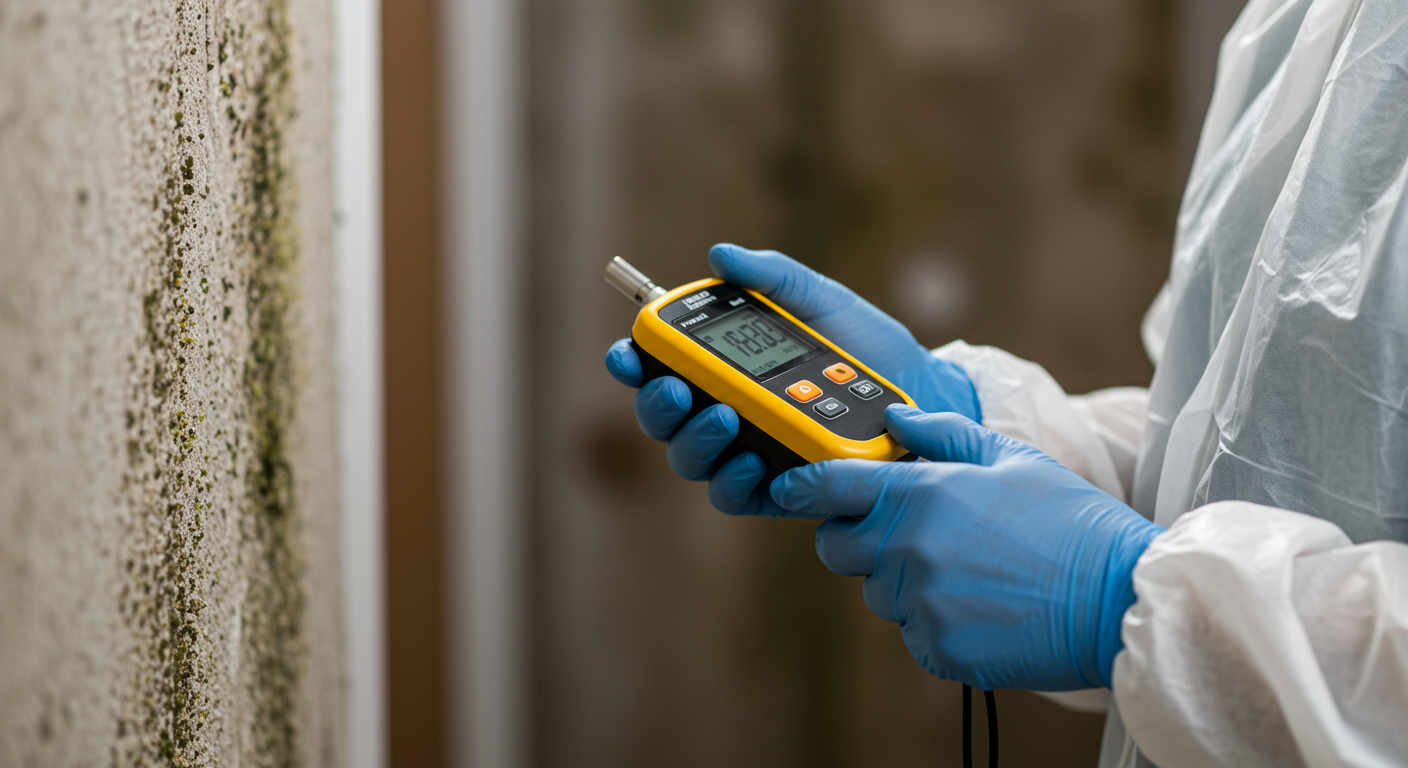 A close-up of a professional mold inspector using a moisture meter on a wall, with visible signs of mold growth in the background. The inspector is wearing protective gear, emphasizing safety.