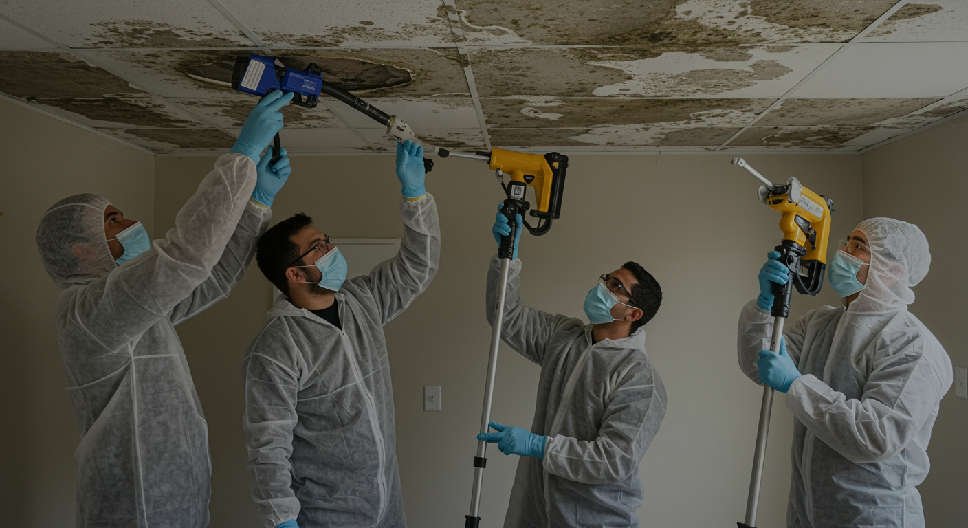 A team of mold remediation specialists working together to remove mold from a ceiling. They are using professional equipment, and the scene conveys teamwork and efficiency.