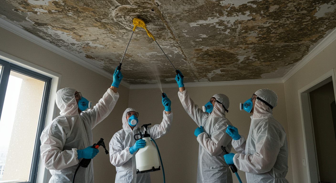A team of professionals using advanced equipment to remove mould from a ceiling.