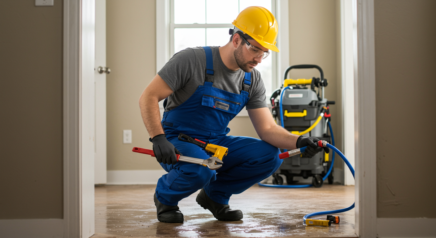 A professional plumber in uniform inspecting a water-damaged area in a home, with tools in hand and water restoration equipment in the background.