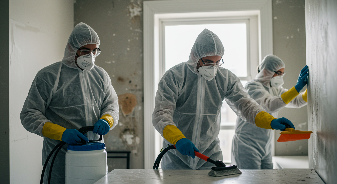 A dynamic shot of a professional mold remediation team in protective gear actively cleaning a mold-infested area. They are using specialized equipment and products, showcasing teamwork and professionalism.