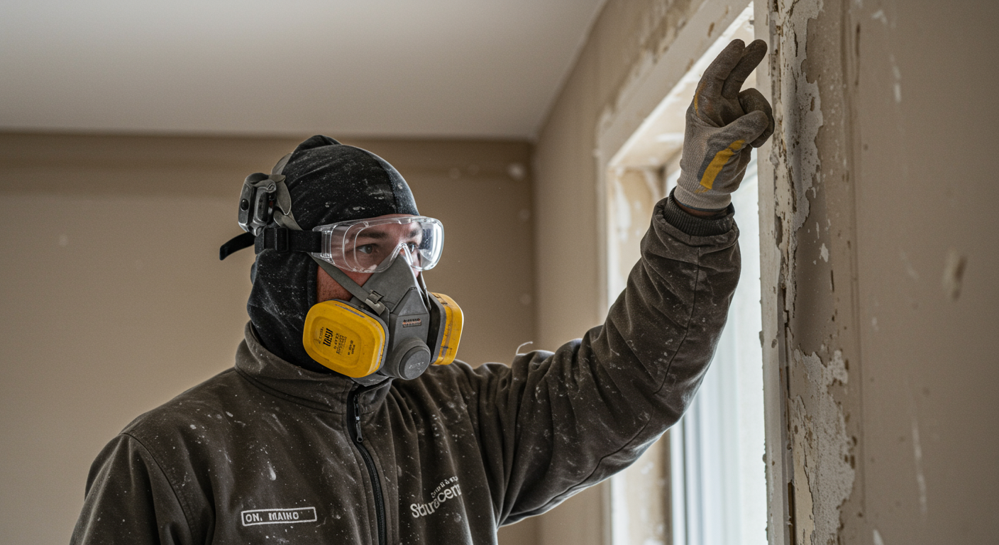 A contractor wearing protective gear, such as a mask and goggles, demonstrating safety during the stucco removal process. The image conveys professionalism and the importance of safety in home renovations.