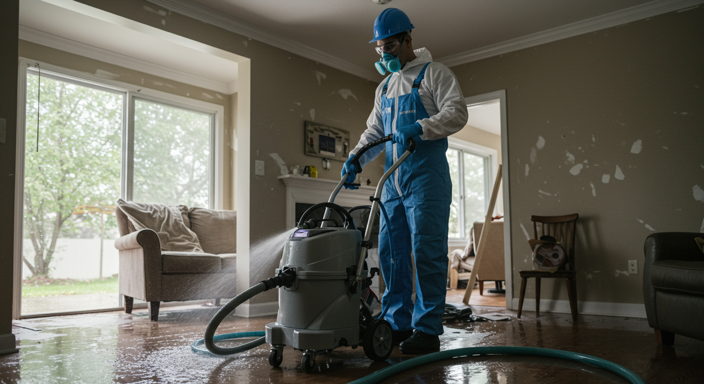 A professional restoration technician in safety gear is actively working on a water-damaged home, using a water extraction machine. The background shows a partially flooded living room with furniture being carefully moved.