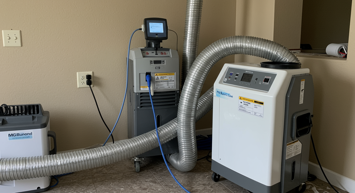 Close-up of advanced mold removal equipment, such as air scrubbers, dehumidifiers, and HEPA filters, being used in a residential setting in Murrieta, CA.