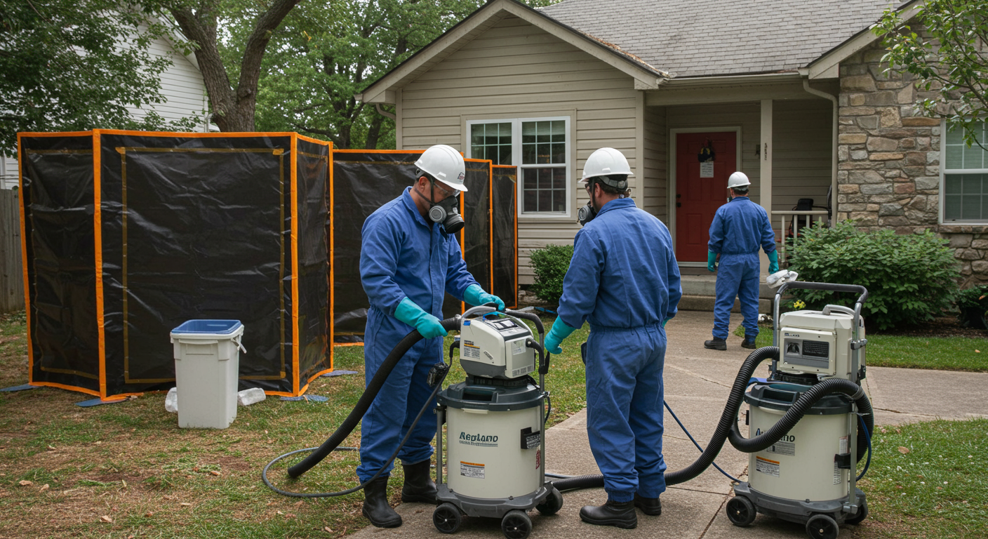 A team of mold remediation professionals is using advanced equipment, such as HEPA air scrubbers and vacuums, to remove mold from a residential property. The background includes containment barriers and air filtration systems to prevent cross-contamination.