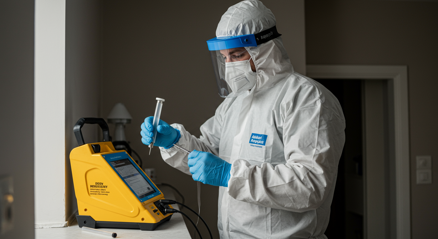 A professional in protective gear conducting an asbestos test in a residential setting. The focus is on the testing equipment and the careful handling of samples.