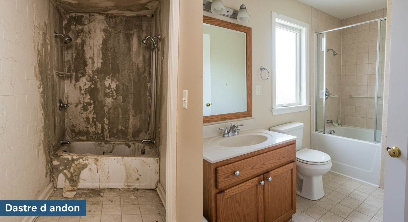 A before-and-after comparison of a mold-infested bathroom in Poway, CA. One side shows severe mold damage, while the other side displays a clean and fully restored bathroom.