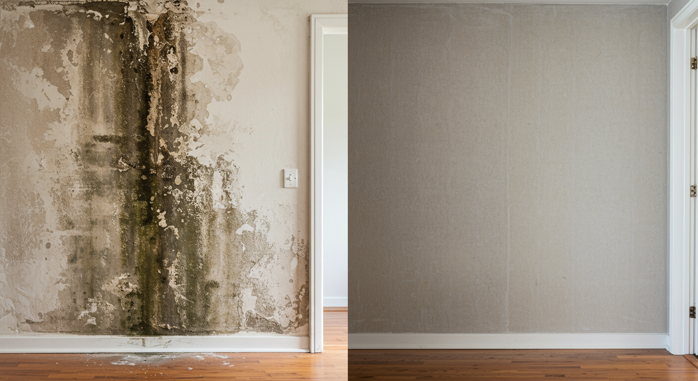A split-screen image showing a mold-infested wall on one side and the same wall completely clean and restored on the other side. The transformation is clear and dramatic.