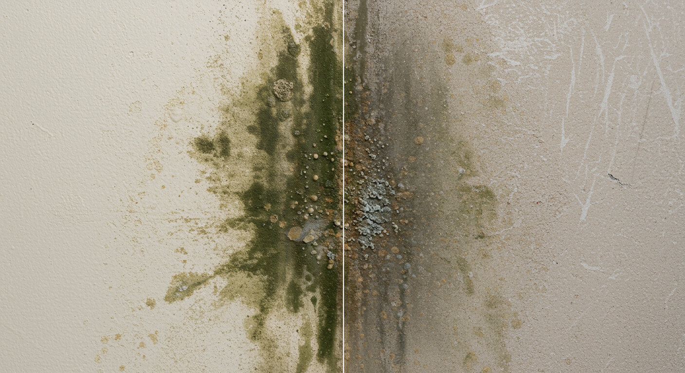 A split-screen image showing a mold-infested wall on one side and the same wall restored to a clean, mold-free state on the other. The image highlights the effectiveness of professional mold removal services.