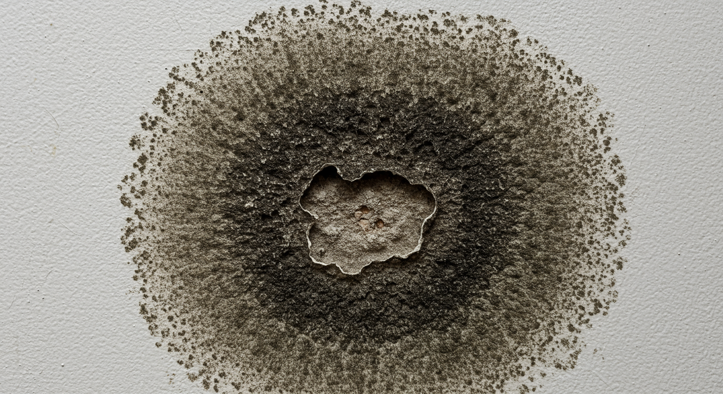 A close-up shot of black mold visibly growing on a wall in a home setting, highlighting the texture and color contrast against the wall paint.