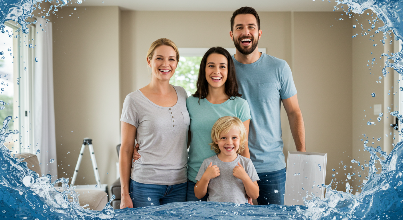 A happy family standing in their restored home, smiling and relieved. The background shows a clean and dry living space, representing successful water damage repair and customer satisfaction.