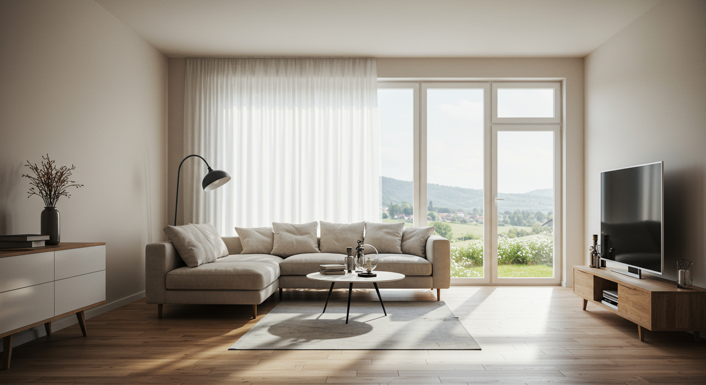 A bright and airy living room with natural light streaming in, showcasing a clean and mold-free environment. The image conveys a sense of safety, health, and comfort post-remediation.