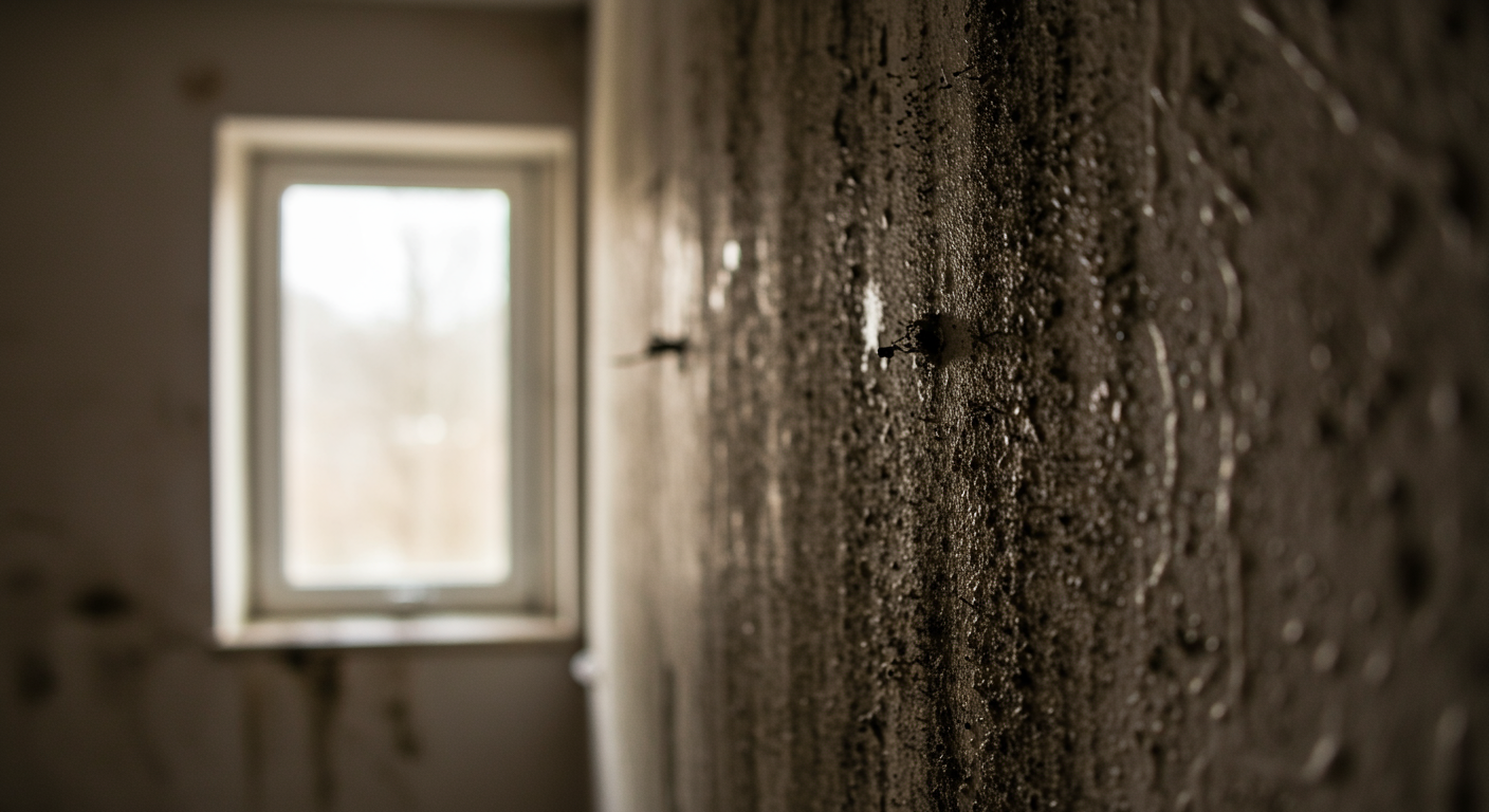 A close-up image of black mold growing on a damp wall inside a home, with visible water stains and poor lighting to emphasize the issue. The background includes a small window with sunlight trying to peek through, symbolizing hope for resolution.