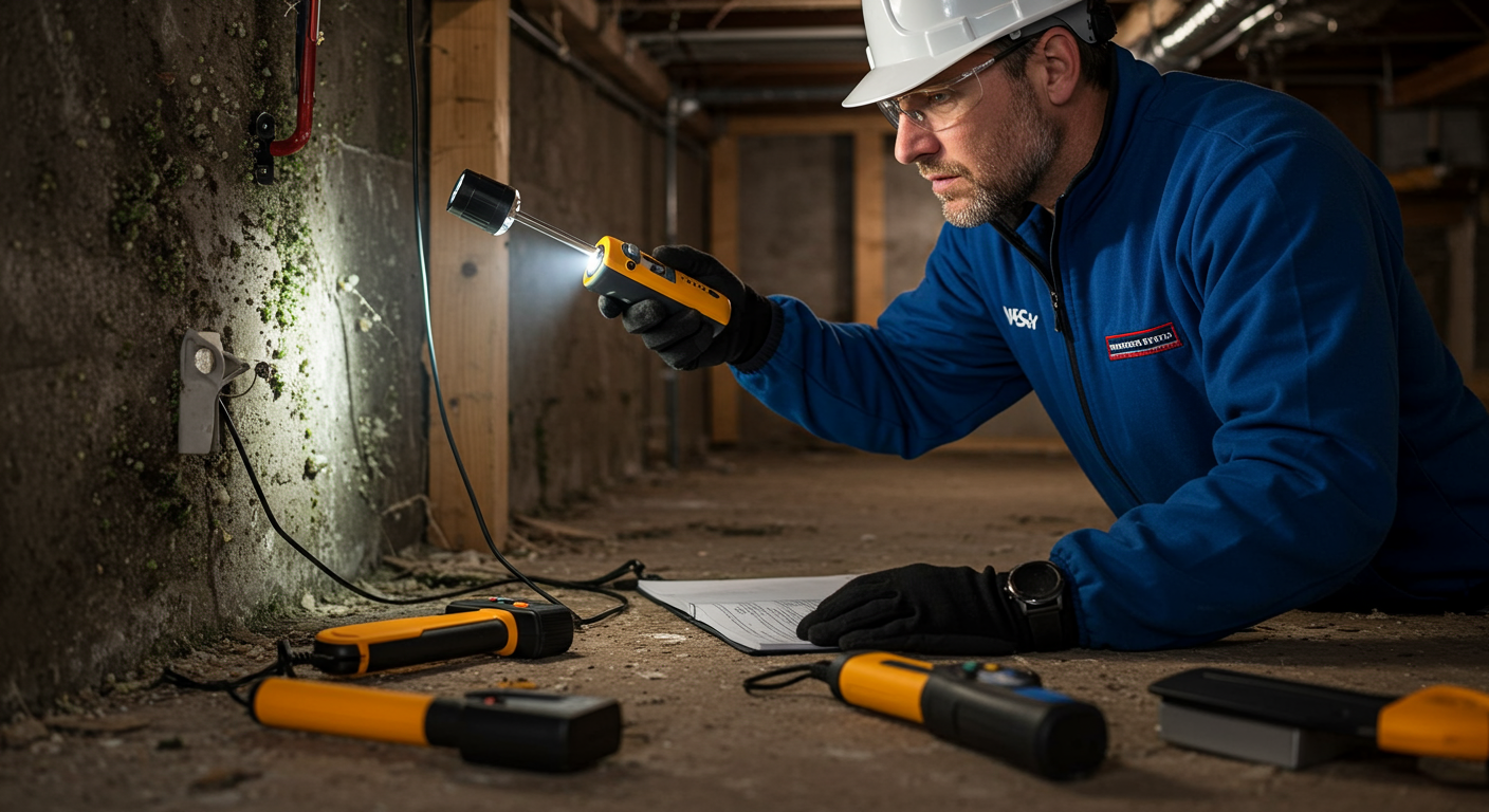 A professional inspector using a flashlight and moisture meter to examine a damp and moldy area in a basement.
