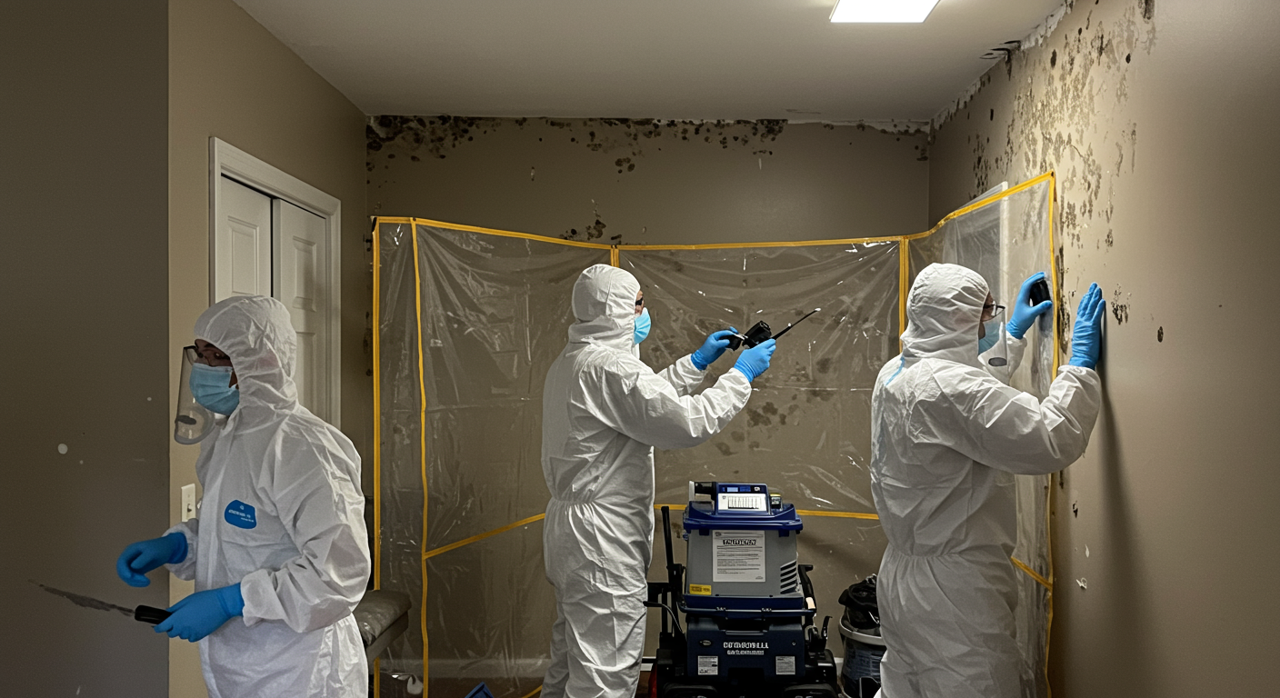 A team of certified mold remediation experts in protective suits removing mold from a wall. The scene includes equipment like air scrubbers and sealed plastic barriers to contain the mold. The setting is a residential home in Ontario, CA.