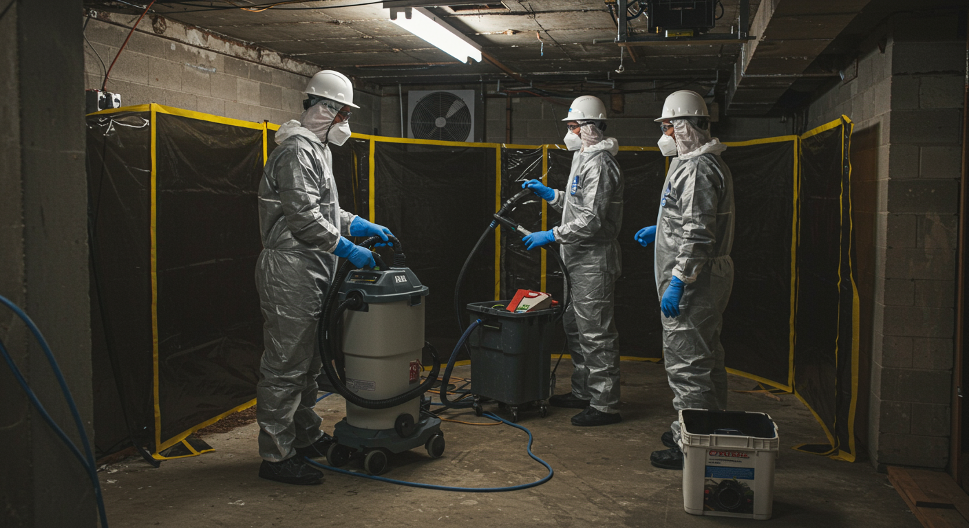 A team of professionals in protective gear using specialized equipment to remove mold from a basement.