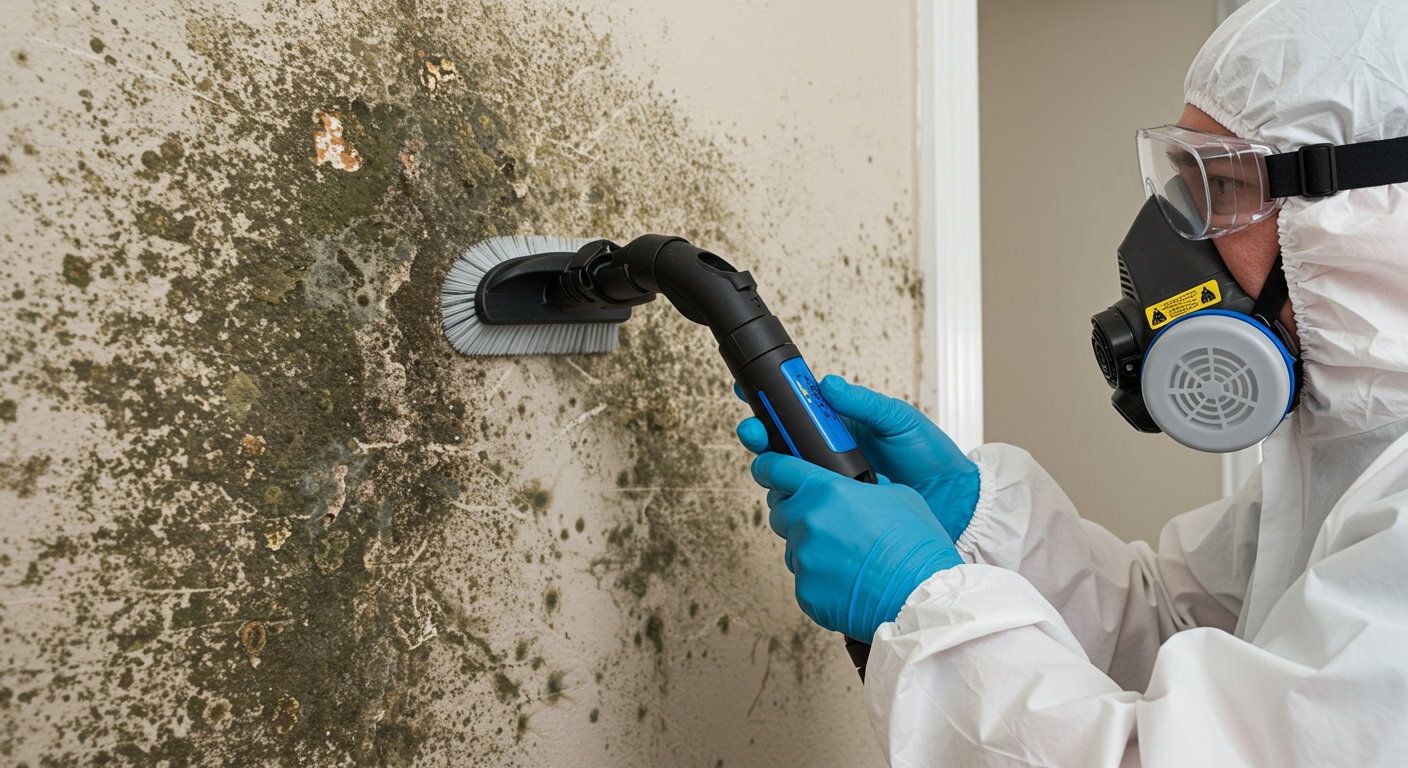 A technician using specialized equipment to remove mold from a wall, showcasing the tools and methods used in professional remediation.
