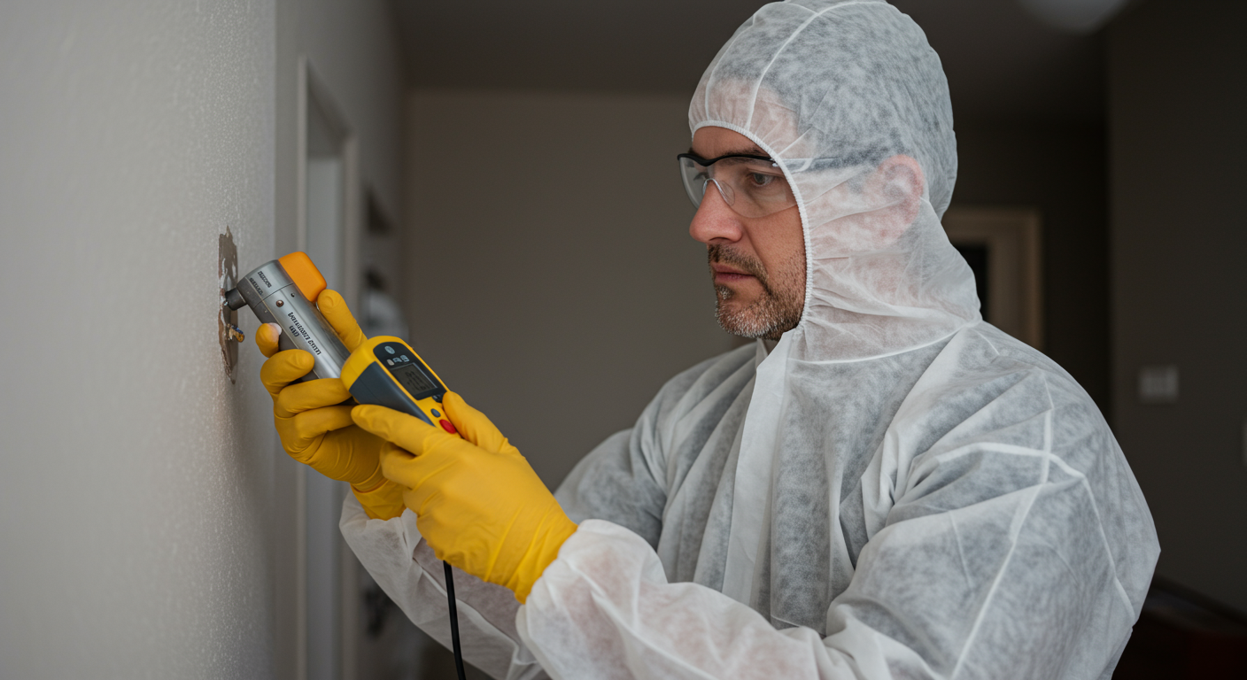 A professional mold inspector wearing safety gear, examining a wall with a moisture meter in a residential setting.