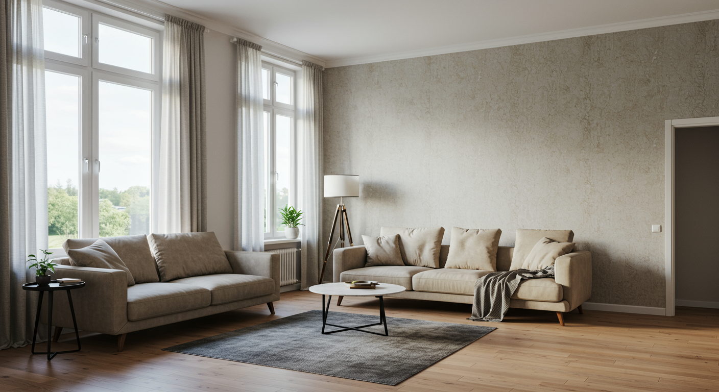 A bright and clean living room with no visible mold, showcasing a healthy and mold-free environment. The image emphasizes cleanliness and comfort, with natural light streaming in through the windows.