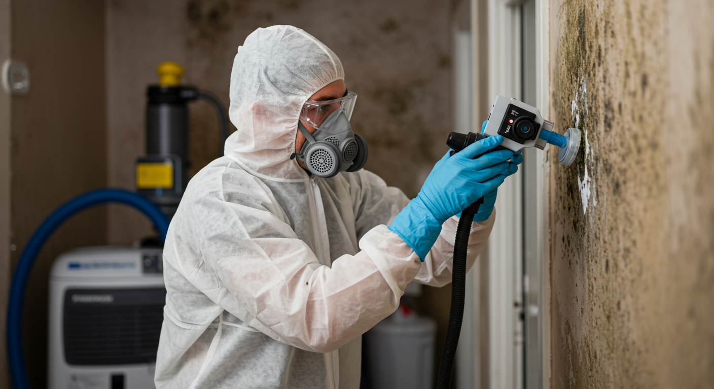 Professional mold removal technician carefully removing mold from a wall in a residential home.