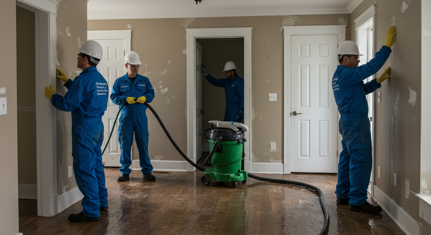A professional restoration team is actively engaged in the cleanup process inside a home affected by water damage. One technician is using a wet vacuum to extract water, while another is inspecting the walls for moisture.