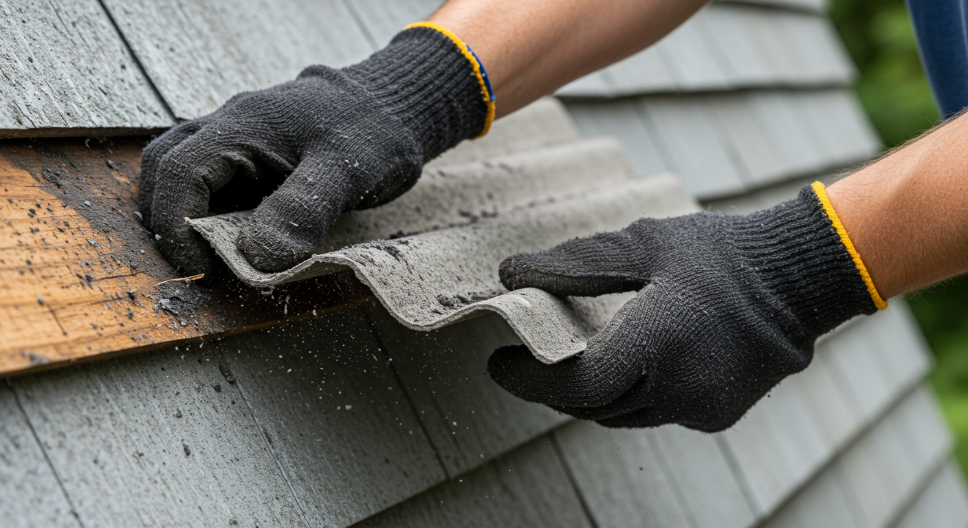 A close-up of hands wearing protective gloves removing asbestos siding shingles from a house.