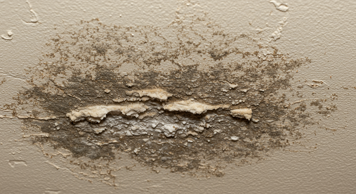 A close-up view of a ceiling with visible mold patches, showcasing the texture and color variations of the mold. The image captures the seriousness of mold growth in a home environment.