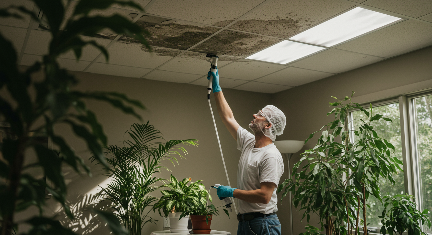 A serene image of a technician applying eco-friendly mold removal products on a ceiling, surrounded by plants and natural light. The setting conveys a clean and green approach to mold remediation.