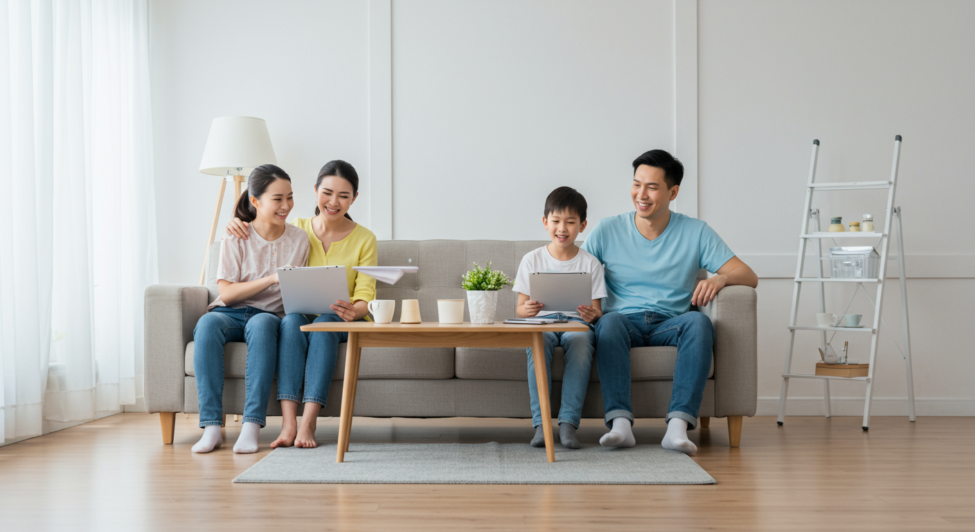 A serene home environment post-remediation, featuring a family happily enjoying their clean living space. The image conveys a sense of relief and safety after mold removal and restoration.