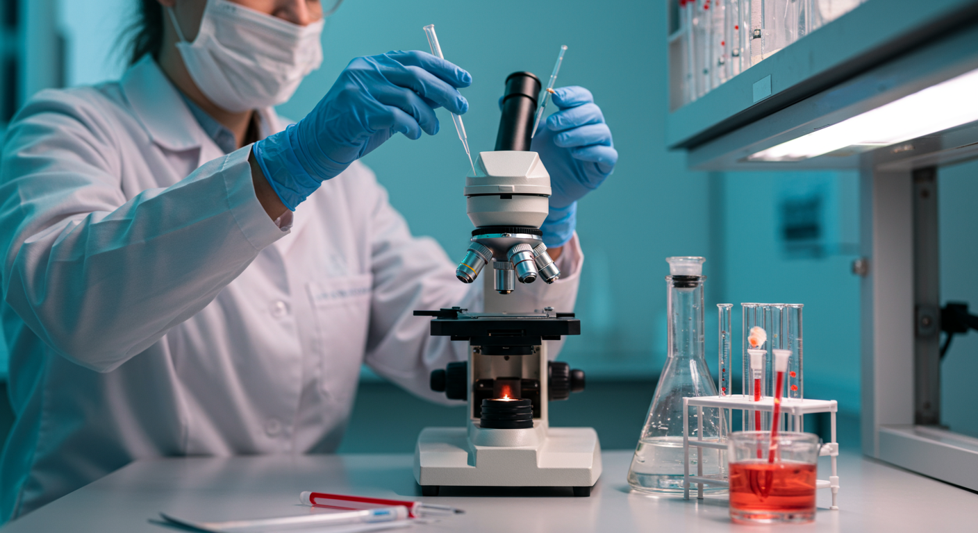 A laboratory technician analyzing mold samples under a microscope. The lab is well-lit and equipped with scientific tools, showcasing the analytical side of mold testing.