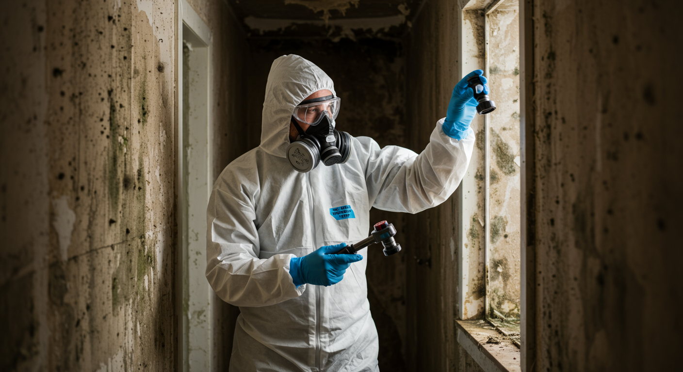 A professional mold remediation technician in protective gear inspecting a water-damaged area in a home. The focus is on the technician examining the walls, with visible mold growth in the background.