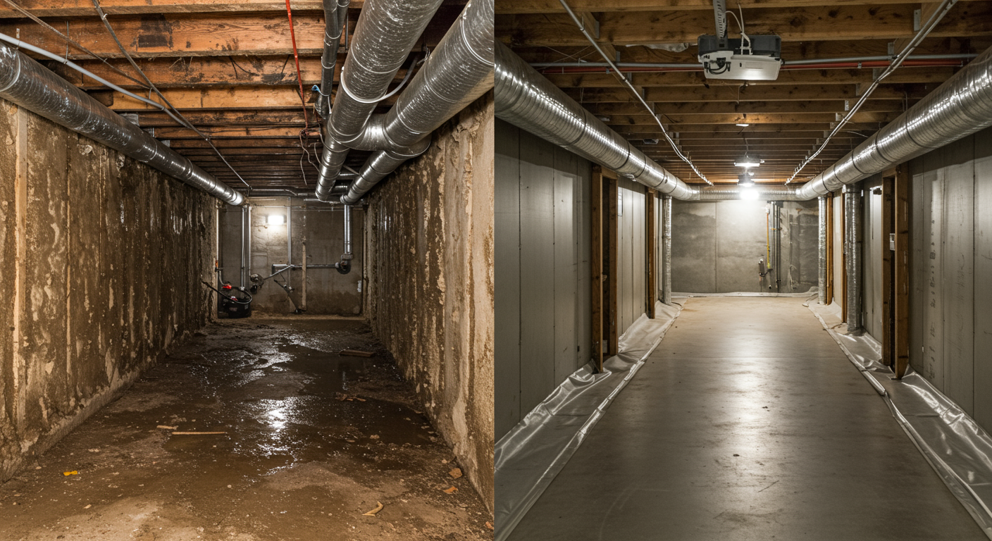 Before and after comparison of a crawl space encapsulation project.